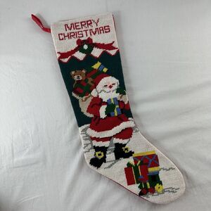Needlepoint Christmas Stocking 20.5" Santa With Sack And Gifts "Merry Christmas"